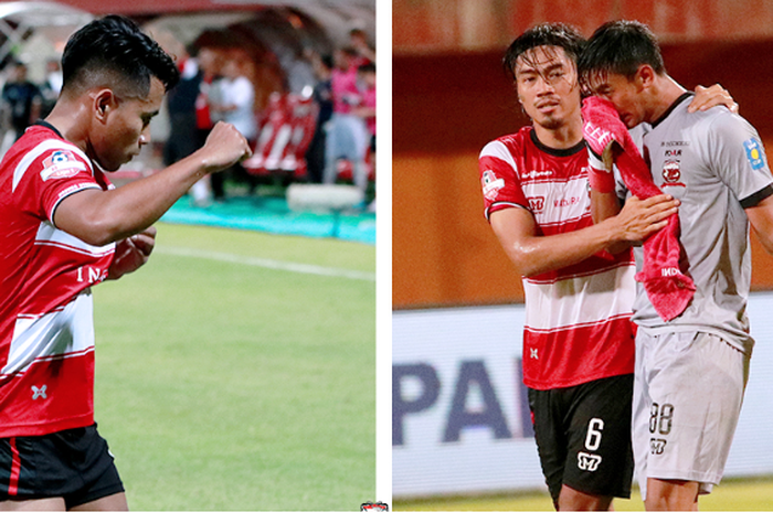 Andik Vermansyah (kiri) dan Satria Tama (kostum abu-abu) pasca pertandingan melawan Arema FC  di Stadion Ratu Pamelingan, Pamekasan, Sabtu (20/7/2019).