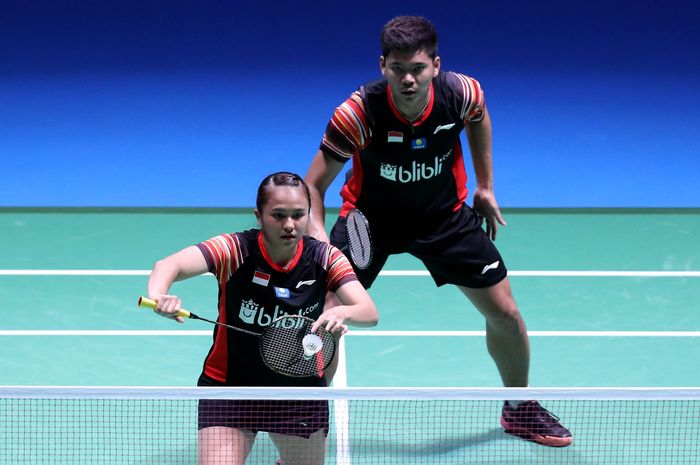 Pasangan ganda campuran Indonesia, Praveen Jordan/Melati Daeva Oktavianti, saat berlaga di Japan Open 2019, Kamis (25/7/2019).