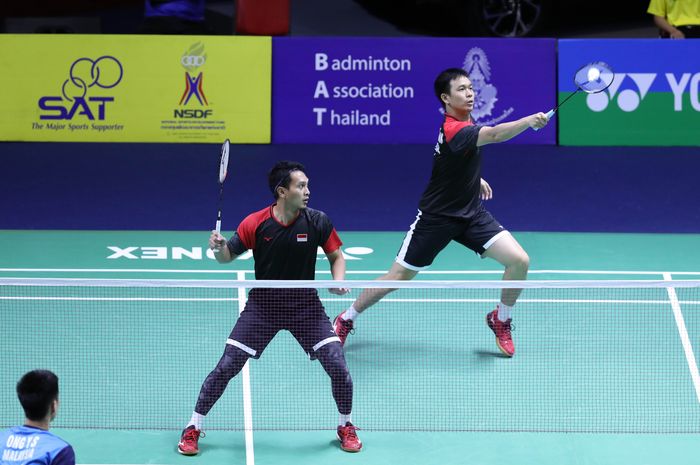 Penampilan ganda putra Indonesia, Mohammad Ahsan/Hendra Setiawan, pada babak pertama Thailand Open 2019 di Indoor Stadium Huamark, Bangkok, Thailand, Selasa (30/7/2019).