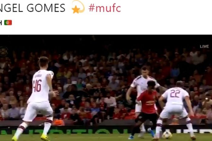 Aksi pemain muda Manchester United, Angel Gomes saat melawan AC Milan pada pertandingan International Champions Cup, Sabtu (3/8/2019).