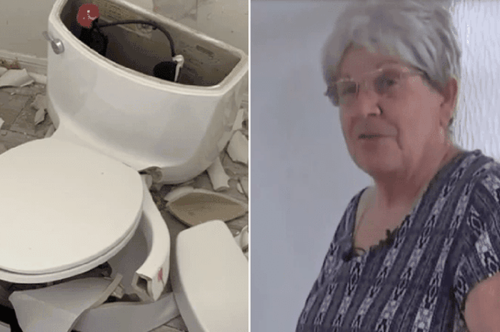 Marylou Ward dan toiletnya yang hancur karena ledakan di septic tank.