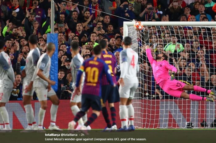 Gol tendangan bebas Lionel Messi ke gawang Liverpool pada babak semifinal leg pertama Liga Champions  dinobatkan sebagai gol terbaik Liga Champions  2018-2019 oleh UEFA.