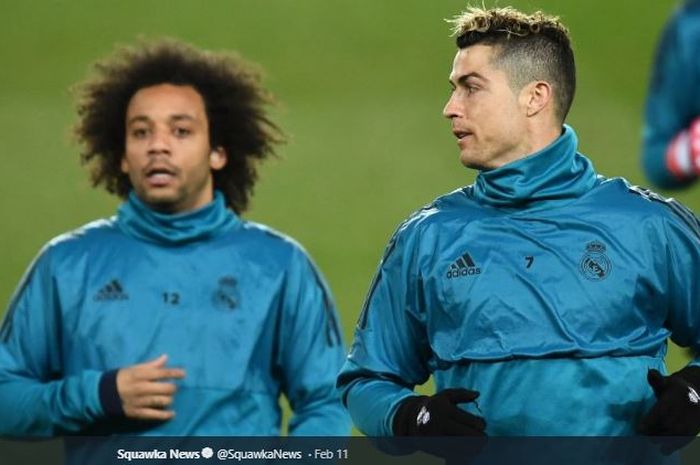 Bek Real Madrid, Marcelo, bersama eks rekan setimnya yang kini membela Juventus, Cristiano Ronaldo.