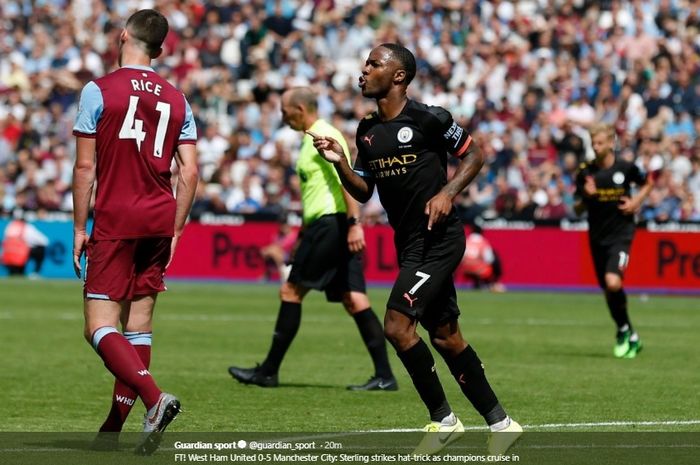 Raheem Sterling mencetak tiga gol ketika Manchester City sukses menggulung West Ham United 5-0 pada pekan pertama Liga Inggris 2019-2020.