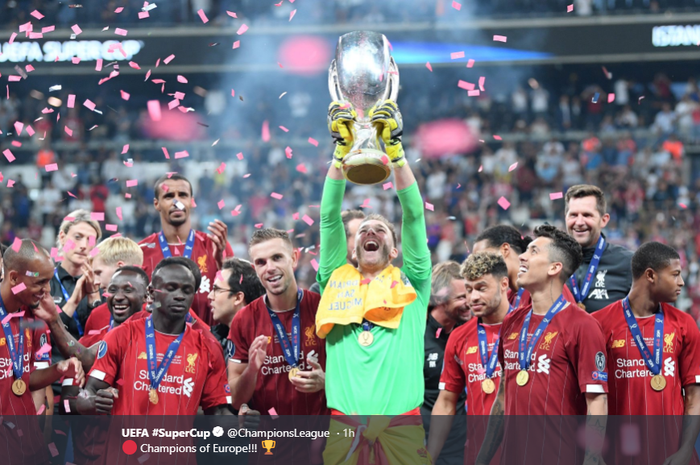 Liverpool merayakan keberhasilan menjuarai Piala Super Eropa, Jumat (15/8/2019) dini hari WIB.