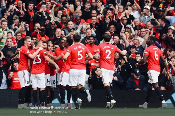 Para pemain Manchester United merayakan gol dalam laga pekan perdana Liga Inggris kontra Chelsea di Stadion Old Trafford, 11 Agustus 2019.