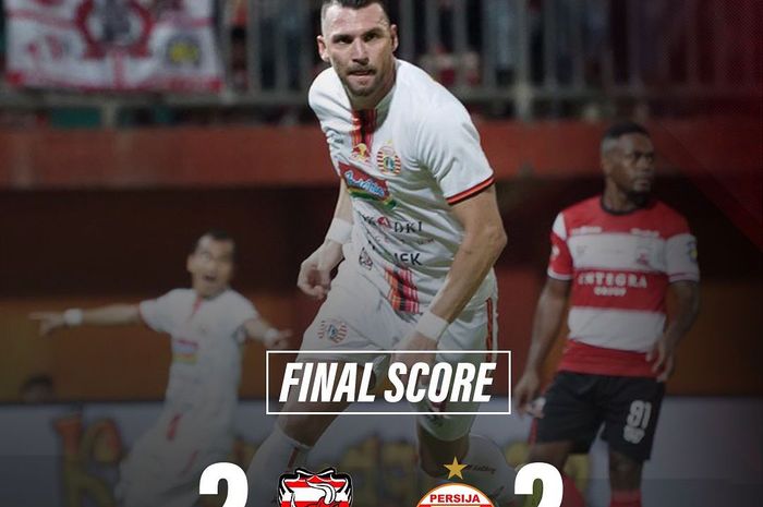 Marco Simic Merayakan Golnya ke Gawang Madura United pada laga yang berakhir dengan skor 2-2 di Stadion Gelora Ratu Pamelingan, Bangkalan, Madura (16/8/2019)