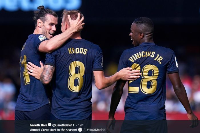 Gareth Bale dan Vinicius Jr turut merayakan gol yang dicetak oleh Toni Kroos pada pertandingan Real Madrid melawan Celta Vigo, Sabtu (17/8/2019).