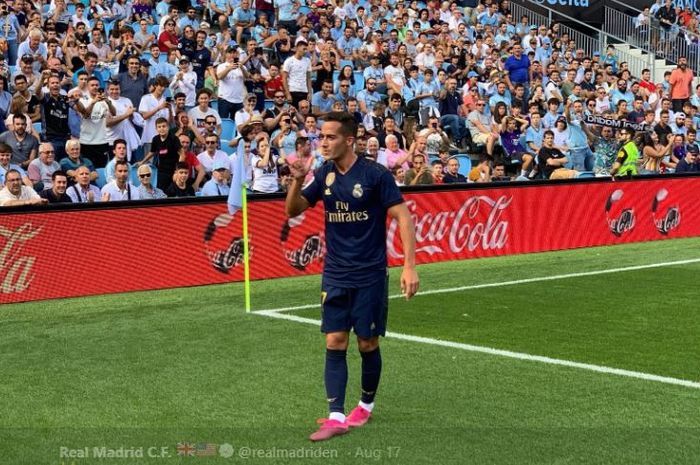 Winger Real Madrid, Lucas Vazquez, merayakan golnya dalam laga pekan pertama Liga Spanyol kontra Celta Vigo di Stadion Abanca Balaido, 17 Agustus 2019.