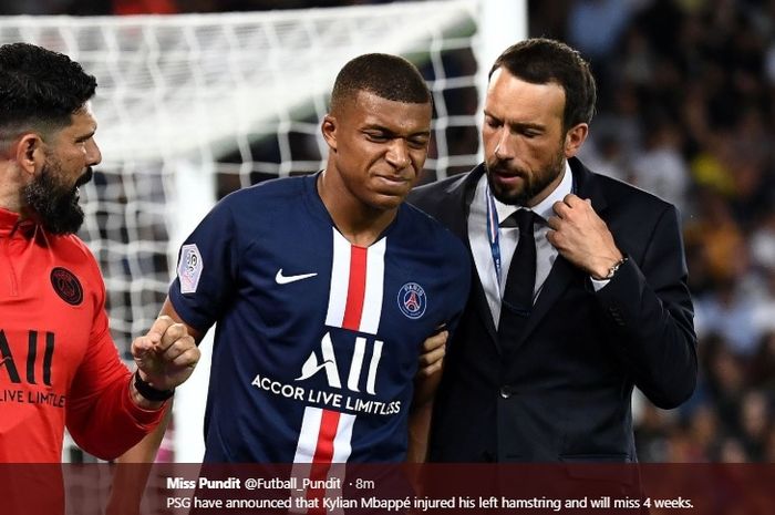 Kylian Mbappe terpaksa ditarik keluar akibat cedera pada pertandingan Paris Saint-Germain melawan Toulouse pada pekan ketiga Liga Prancis, Minggu (25/8/2019).