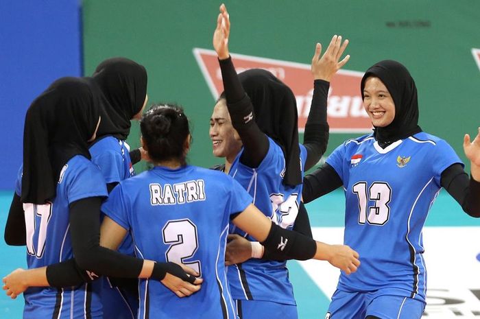 Tim voli putri Indonesia saat menjalani pertandingan melawan Iran  pada Kejuaraan Bola Voli Putri Asia di Jamsil Indoor Gymnasium, Korea Selatan, Minggu (25/8/2019).