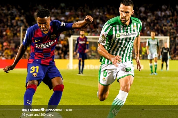 Anssumane Fati menjadi pemain termuda yang diturunkan Barcelona ketika melawan Real Betis pada pertandingan pekan kedua Liga Spanyol, Minggu (25/8/2019).