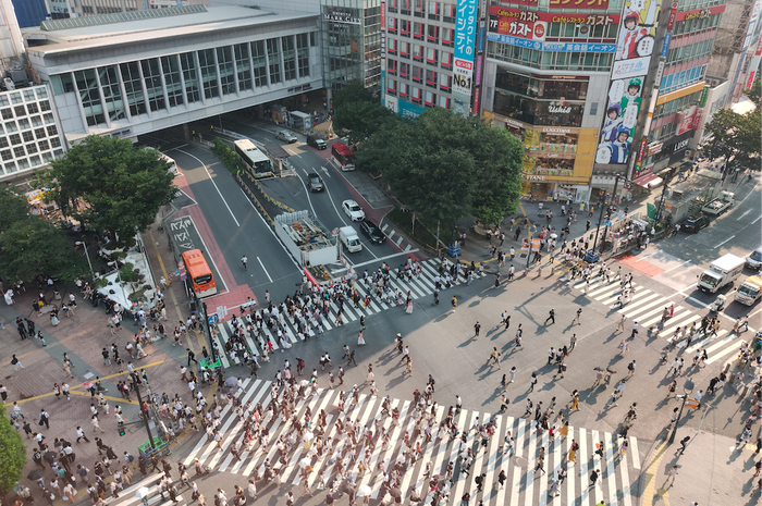 Persimpangan Shibuya yang telah menjadi salah satu tengara Kota Tokyo. Pola zabra cross dan pejalan yang menyeberanginya memiliki komposisi yang memikat bagi para pejalan untuk diabadikan. 