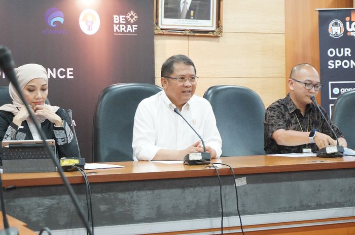 Menkominfo RI, Rudiantara, memberikan sambutan di acara konferensi pers IDBYTE ESPORTS 2019, Jakarta, pada Selasa (27/8/2019).