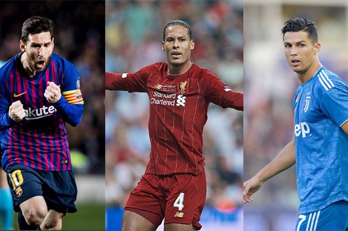 (dari ki-ka) Lionel Messi, Virgil van Dijk, dan Cristiano Ronaldo menjadi tiga nomine terakhir yang bakal memperebutkan Men's Player of the Year dalam UEFA Awards yang akan ditentukan Kamis (29/8/2019)