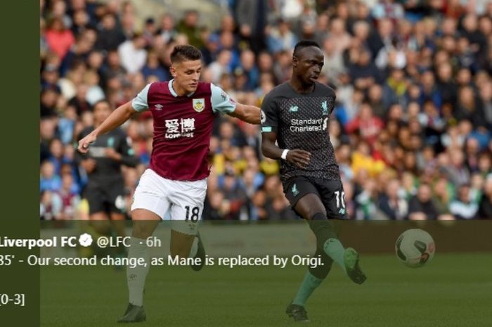 Penyerang Liverpool, Sadio Mane, dalam laga kontra Burnley di Tur Moor pada Sabtu (31/8/2019).