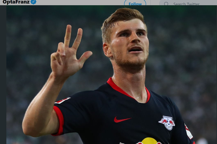 Striker RB Leipzig, Timo Werner, mencetak hat-trick pertama di Bundesliga, Jumat (30/8/2019).