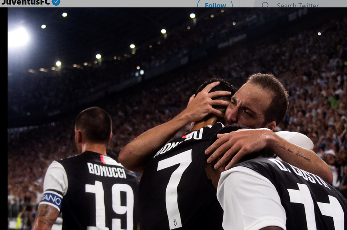 Pemain-pemain Juventus merayakan kemenangan atas Napoli pada pekan kedua Liga Italia, Sabtu (31/8/2019) di Allianz Stadium, Turin.