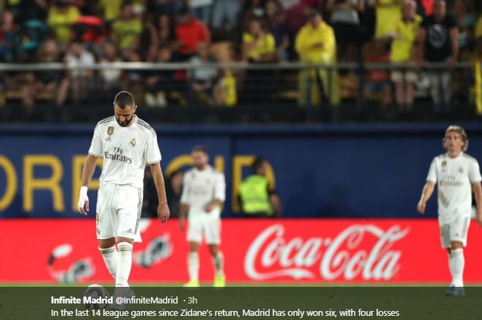 Karim Benzema dan Luka Modric tampak lesu setelah Real Madrid hanya mampu bermain imbang 2-2 saat melawan Villarreal pada pekan ketiga Liga Spanyol, Minggu (1/9/2019).