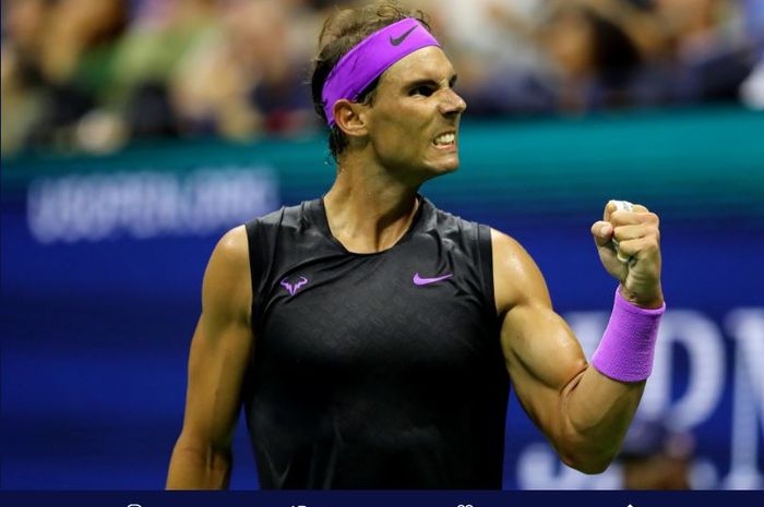 Ekspresi petenis Spanyol, Rafael Nadal, kala bertanding di babak perempat final US Open 2019 Rabu (5/9/2019) pagi WIB.