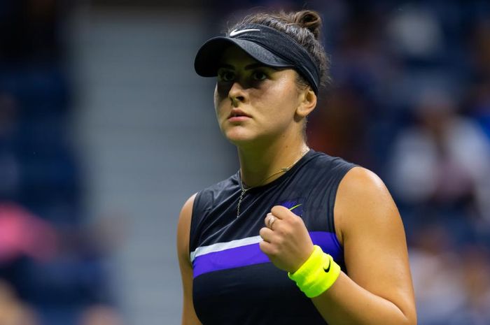 Petenis tunggal putri Kanada, Bianca Andreescu, melakukan selebrasi seusai memenangi poin pada pertandingan turnamen Grand Slam US Open 2019 di New York, Amerika Serikat.