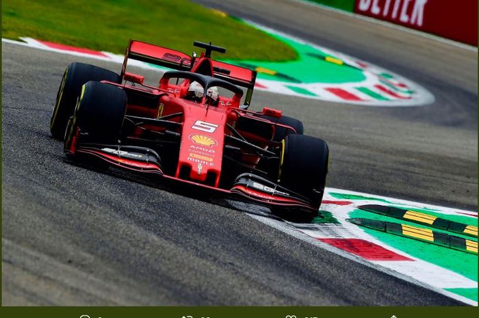 Pembalap Ferrari, Sebastian Vettel, kala tampil dalam sesi latihan F1 GP Italia 2019 di Sirkuit Monza Sabtu (7/9/2019)