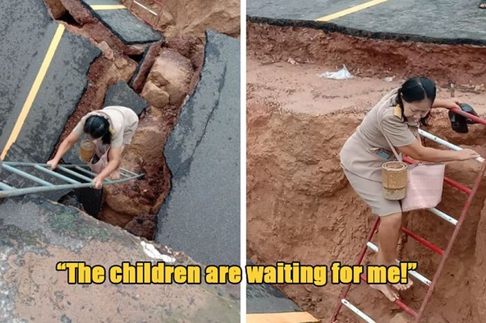 Guru yang gigih ini menyeberangi jalan yang longsor agar dapat mengajar siswa-siswanya di sekolah.