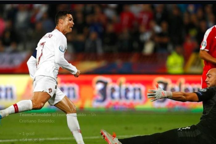Cristiano Ronaldo mencetak gol untuk timnas Portugal ke gawang Serbia.