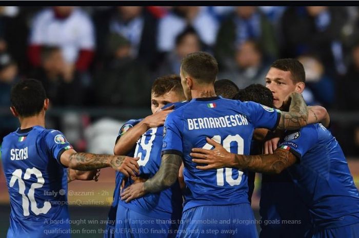 Timnas Italia merayakan gol ke gawang Finlandia pada partai kualifikasi Euro 2020.