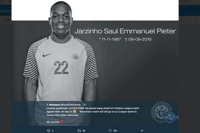 Jairzinho Pieter, kiper timnas Curacao ditemukan tewas di dalam kamar hotel, karena serangan jantung.