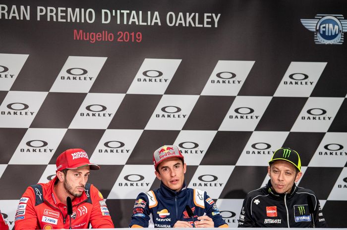 Dari kiri ke kanan, Andrea Dovizioso, Marc Marquez, Marc Marquez, Valentino Rossi, dalam konferensi pers jelang MotoGP San Marino di Sirkut Misano, Kamis (12/9/2019).