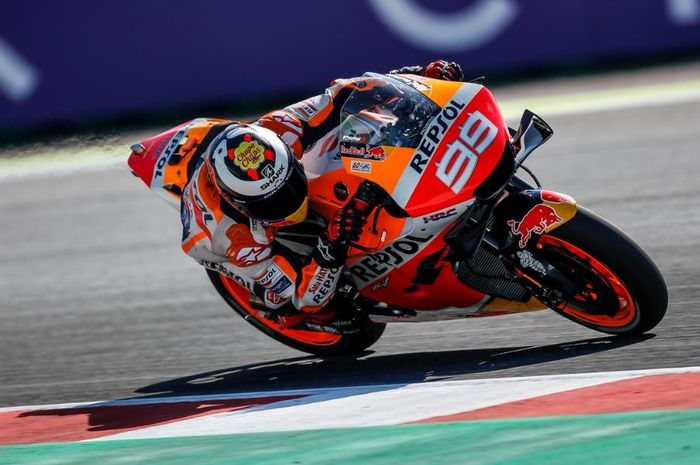 Aksi pembalap Repsol Honda, Jorge Lorenzo pada sesi latihan bebas MotoGP San Marino 2019, Jumat (14/9/2019)