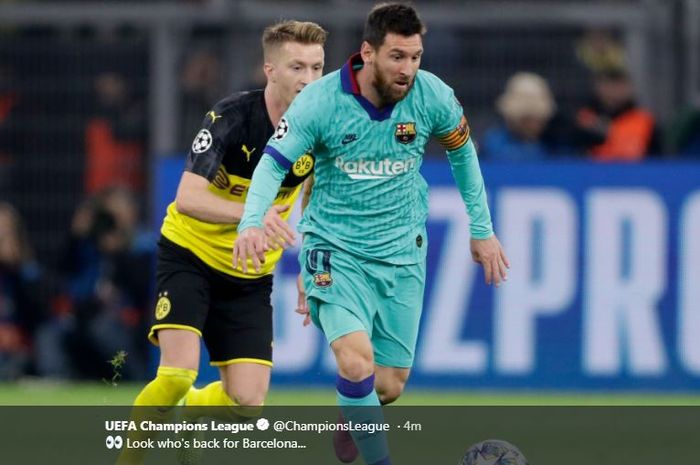 Megabintang Barcelona, Lionel Messi, beraksi dalam laga Grup F Liga Champions melawan Borussia Dortmund di BVB Stadion Dortmund, Selasa (17/9/2019).