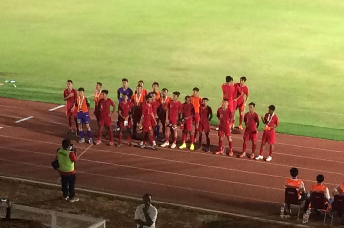 Momen para pemain timnas U-16 Indonesia setelah membantai Kepulauan Mariana Utara 15-1 di laga kedua Kualifikasi Piala Asia U-16 Grup G.