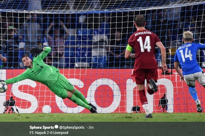 Dries Mertens sukses mencetak gol melalui titik putih pada laga Napoli kontra Liverpool di laga perdana penyisihan Grup E Liga Champions, Selasa (17/8/2019).