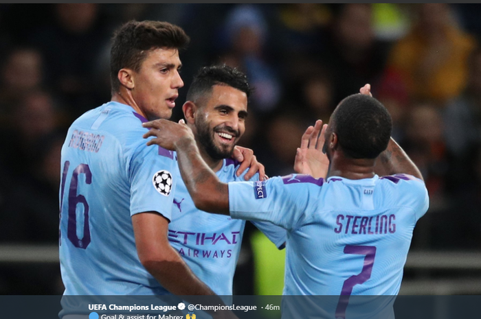 Pemain Manchester City merayakan gol dalam laga matchday 1 Liga Champions melawan Shakhtar Donetsk, Rabu (18/9/2019) di Stadion Metalist, Kharkiv.