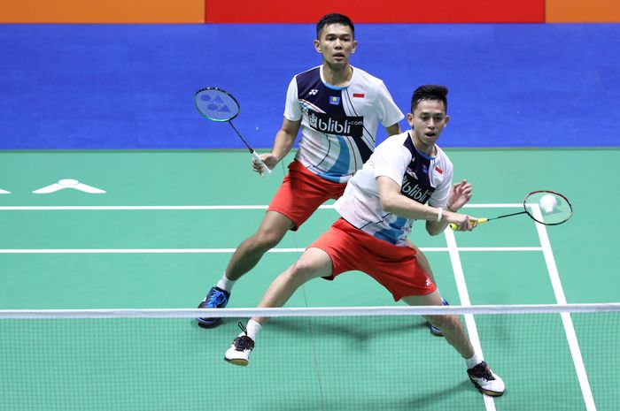 Pasangan ganda putra Indonesia, Fajar Alfian/Muhammad Rian Ardianto, saat menjalani pertandingan melawan Takeshi Kamura/Keigo Sonoda (Jepang) pada babak perempat final China Open 2019.