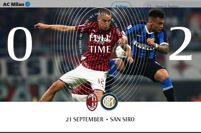 AC Milan kalah 0-2 dari Inter Milan dalam laga derby della Madonnina, Sabtu (21/9/2019) di Stadion San Siro.