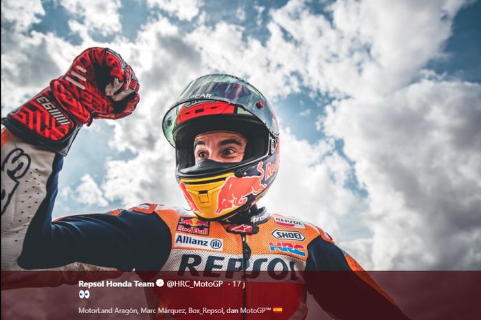 Ekspresi pembalap Repsol Honda, Marc Marquez, ketika berhasil memenangi balapan pada seri MotoGP Aragon 2019 Minggu (22/9/2019)