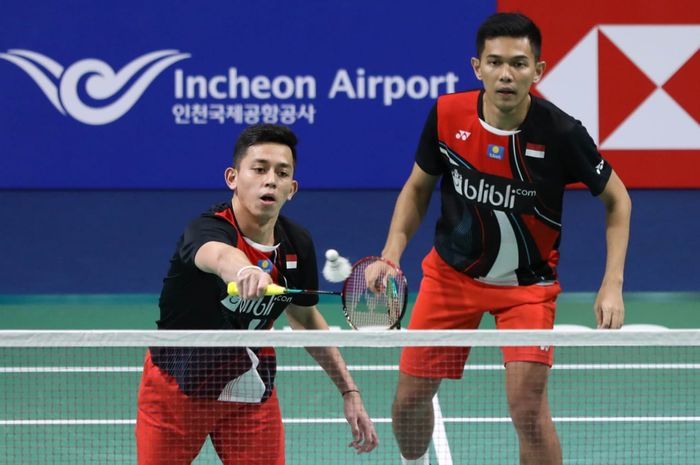 Pasangan ganda putra Indonesia, Fajar Alfian/Muhammad Rian Ardianto, bertanding pada babak kedua Korea Open 2019 di Incheon, Korea Selatan, Kamis (26/9/2019).