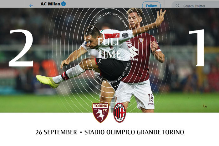 AC Milan mengalami kekalahan ke-3 di Liga Italia musim ini setelah menyerah 1-2 dari Torino pada pekan ke-5, Kamis (26/9/2019) di Stadion Olimpico Turin.
