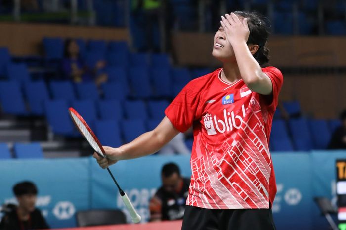 Ekspresi pemain tunggal putri Indonesia, Gregoria Mariska Tunjung, saat bermain pada perempat final Korea Open 2019.