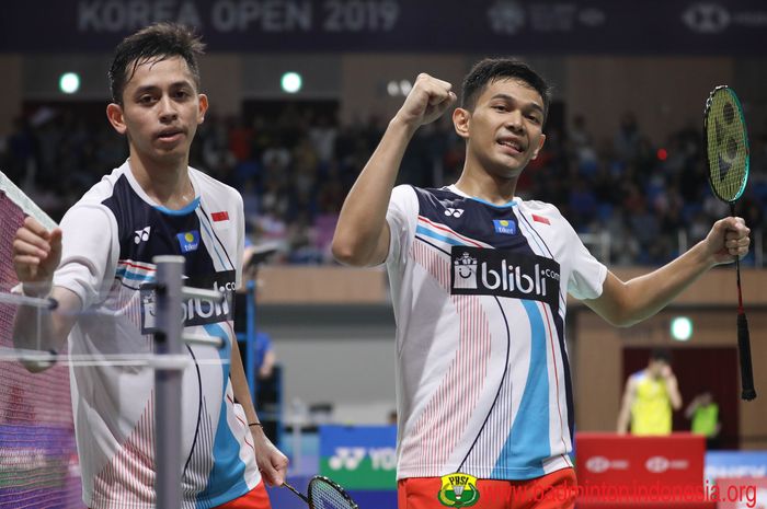 Pebulu tangkis ganda putra Indonesia Fajar Alfian/Muhammad Rian Ardianto, beraksi dalam laga semifinal Korea Open 2019, 28 September 2019. 