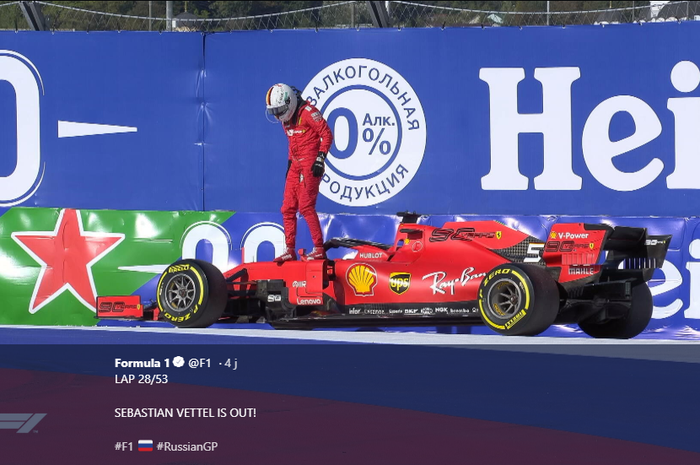 Momen ketika mobil pembalap Ferrari, Sebastian Vettel, mengalami kerusakan mesin dan tidak dapat melanjutkan GP Rusia Minggu (29/9/2019)