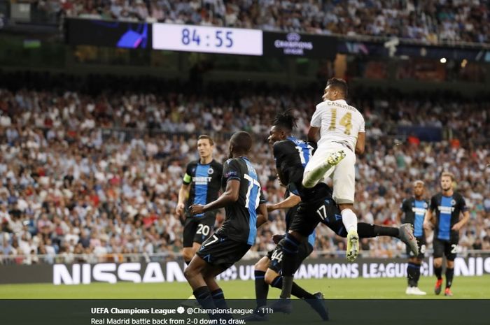 Proses terjadinya gol kedua Real Madrid sekaligus gol penyama kedudukan 2-2 pada laga kontra Club Brugge yang dicetak oleh Casemiro di Stadion Santiago Bernabeu, Selasa (1/10/2019).