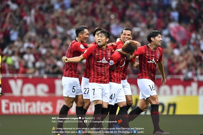 Suka cita pemain Urawa Reds merayakan gol ke gawang Guangzhou Evergrande pada semifinal pertama Liga Champions Asia 2019 di Saitama Stadium 2002, Rabu (2/10/2019).