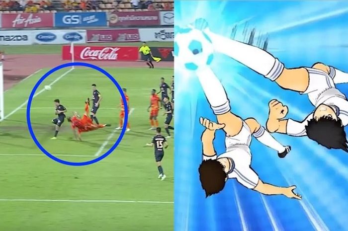 Kolase tendangan salto kembar di Thai League 1 dan anime Kapten Tsubasa.