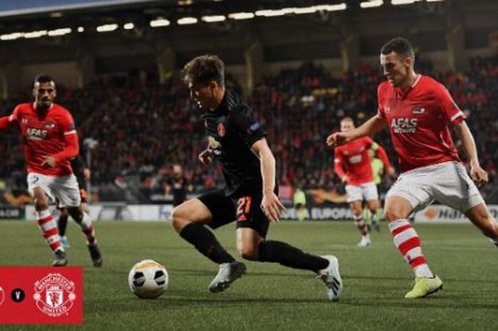 Winger Manchester United, Daniel James, beraksi dalam laga Grup L Liga Europa melawan AZ Alkmaar di ADO Den Haag Stadium, Kamis (3/10/2019).