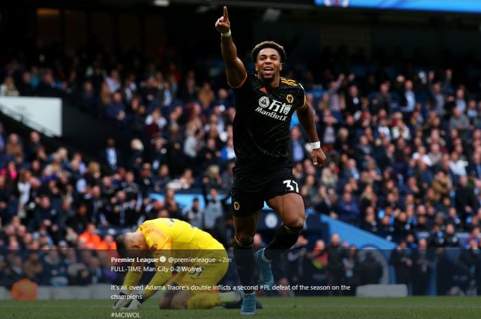 Penyerang Wolverhampton Wanderers, Adama Traore, merayakan golnya ke gawang Manchester City.