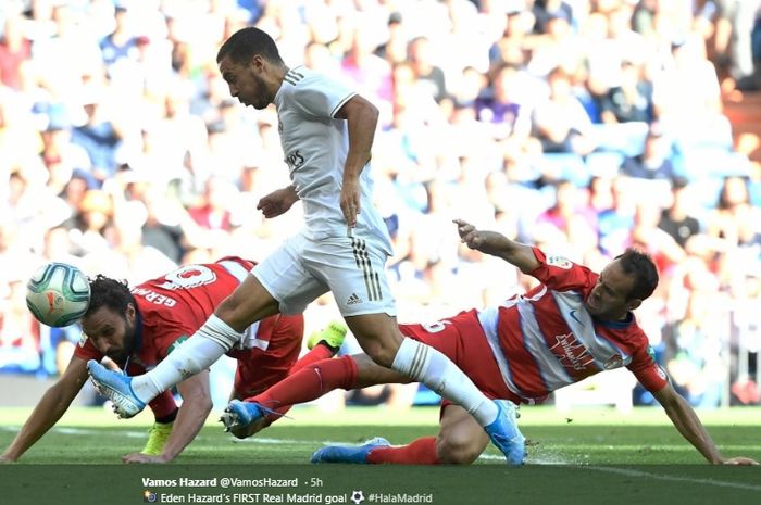 Momen Eden Hazard mencetak gol perdana untuk Real Madrid kala menjamu Granada di Stadion Santiago Bernabeu, Sabtu (5/10/2019).